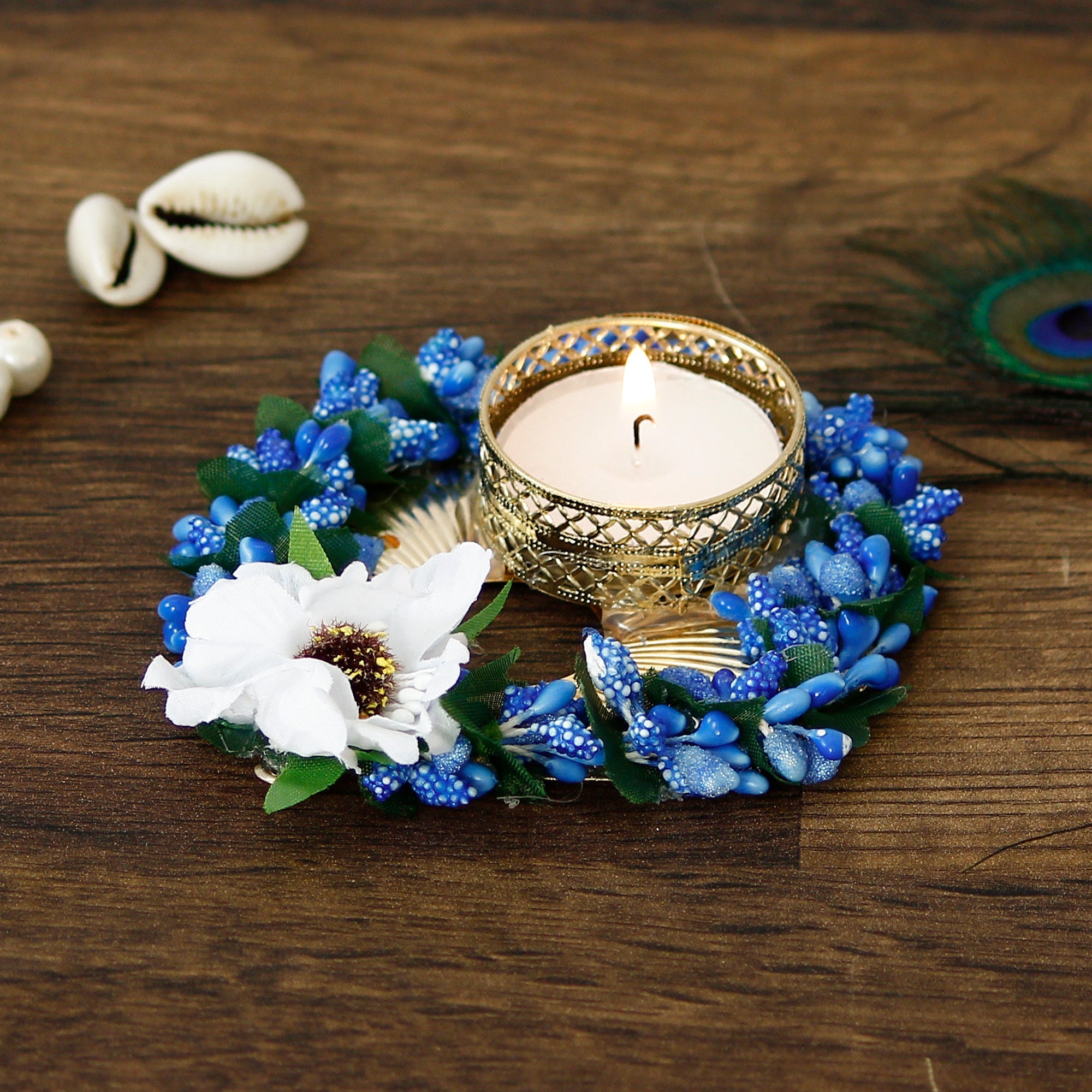 Decorative Handcrafted Blue Floral Leaf Shape Tea Light Holder Kafalo