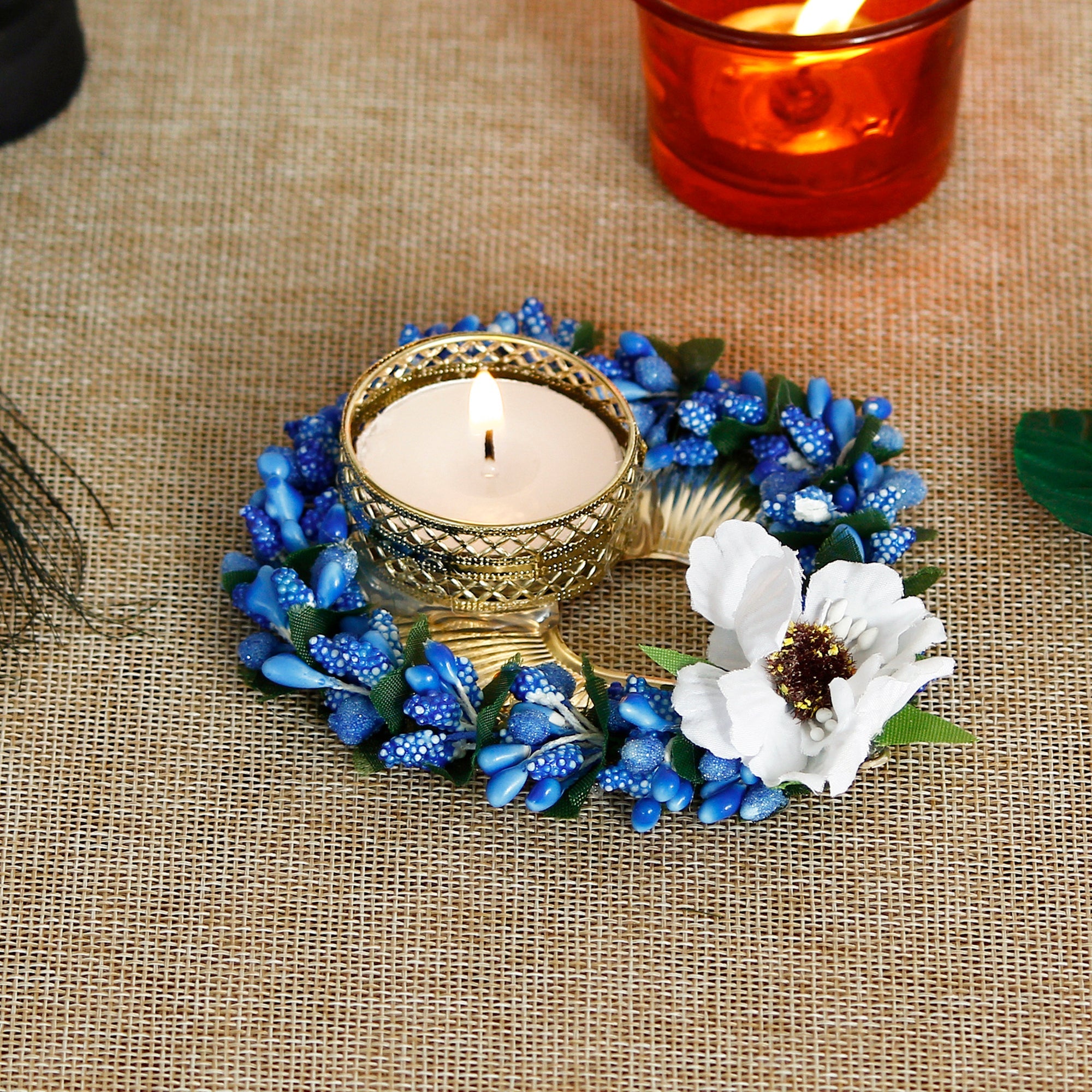 Decorative Handcrafted Blue Floral Leaf Shape Tea Light Holder Kafalo
