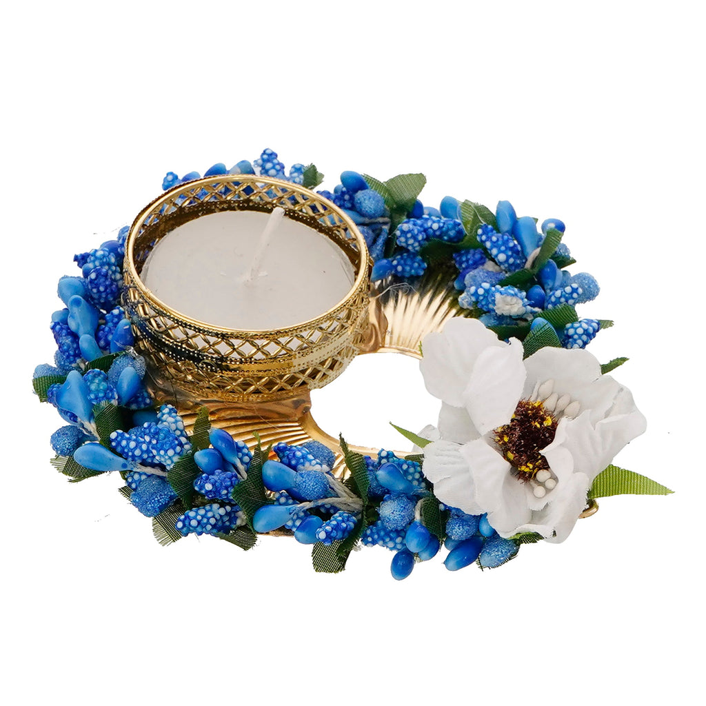 Decorative Handcrafted Blue Floral Leaf Shape Tea Light Holder Kafalo