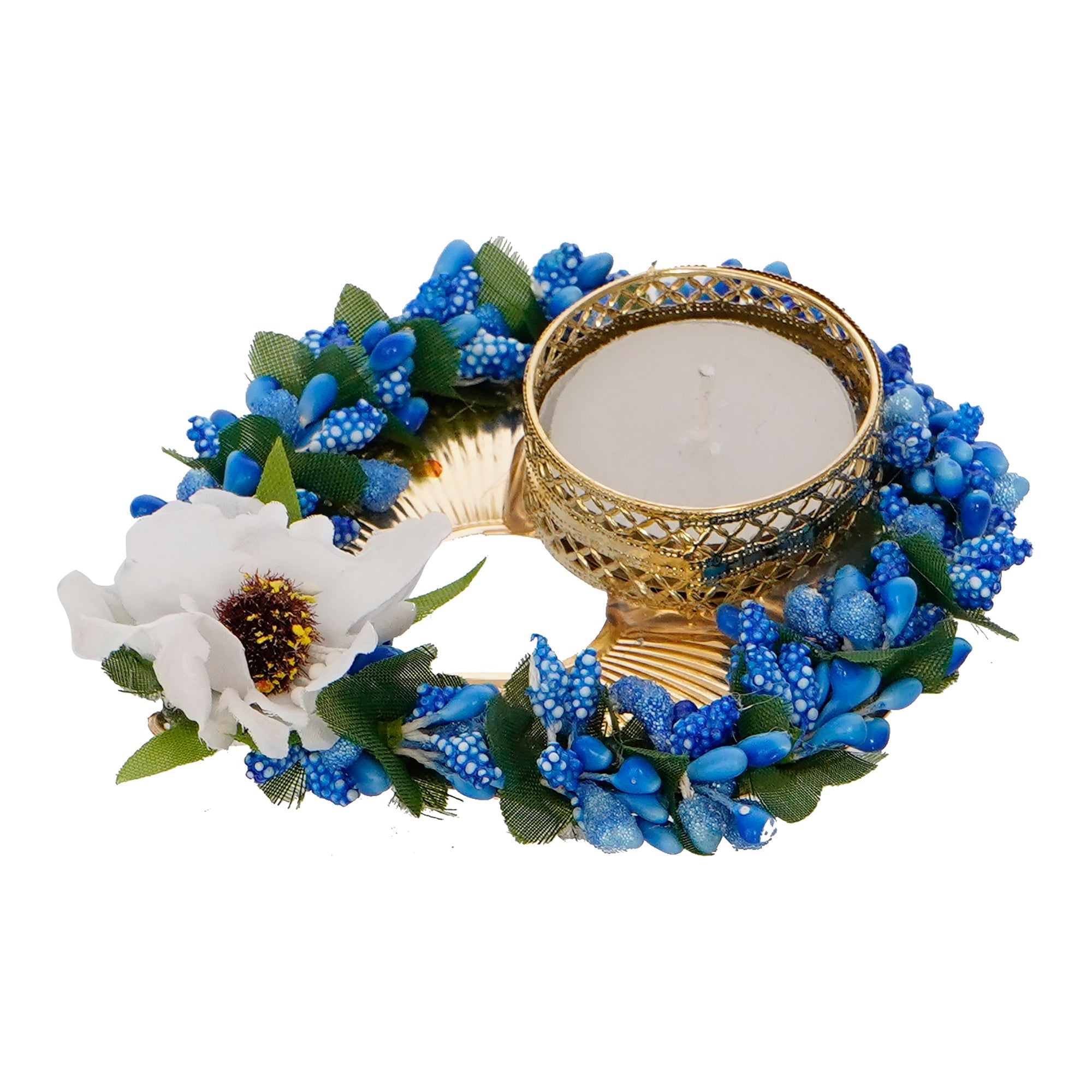 Decorative Handcrafted Blue Floral Leaf Shape Tea Light Holder Kafalo