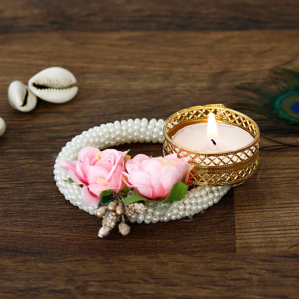 Decorative Handcrafted Pink Floral Tea Light Holder on Pearl Bangle Kafalo