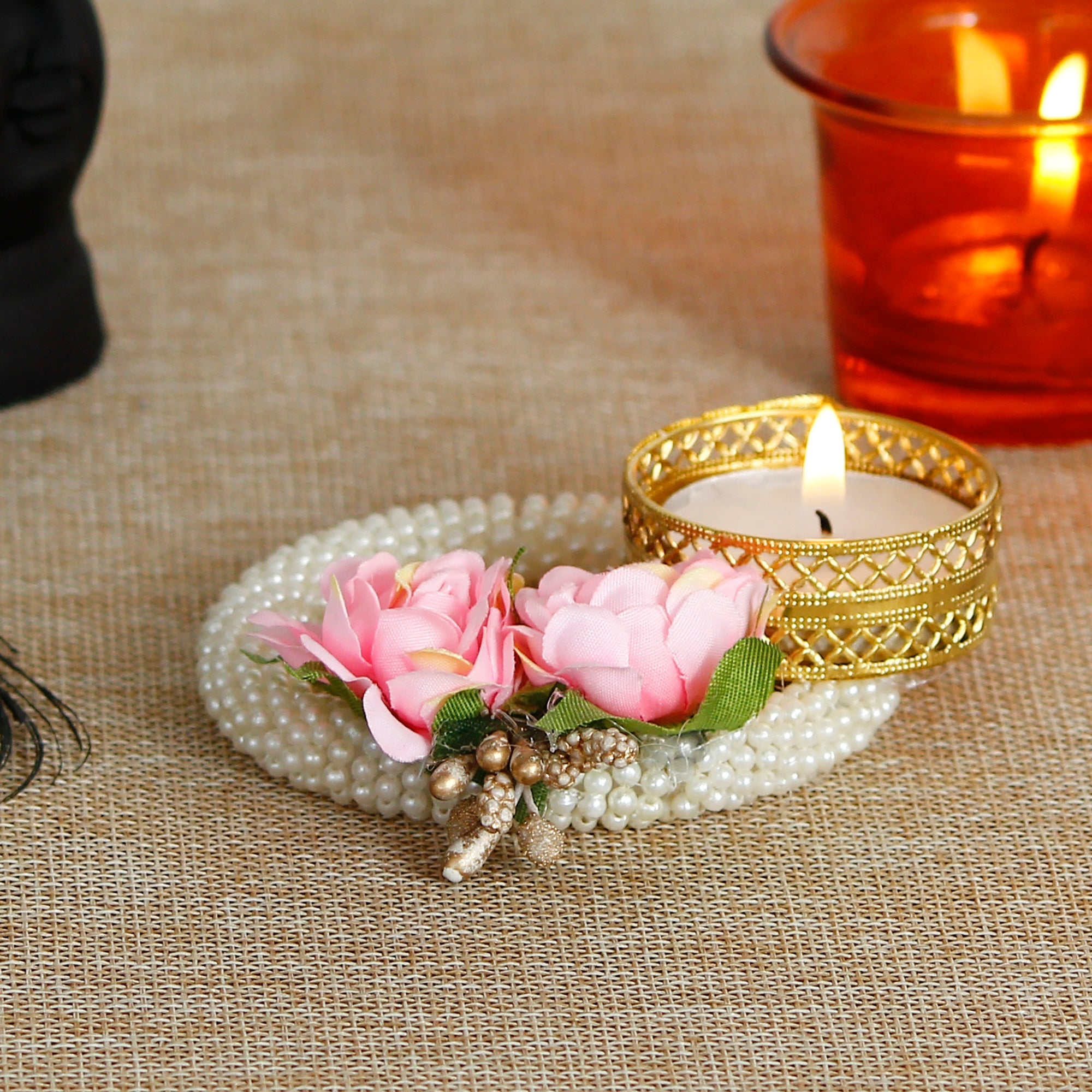 Decorative Handcrafted Pink Floral Tea Light Holder on Pearl Bangle Kafalo