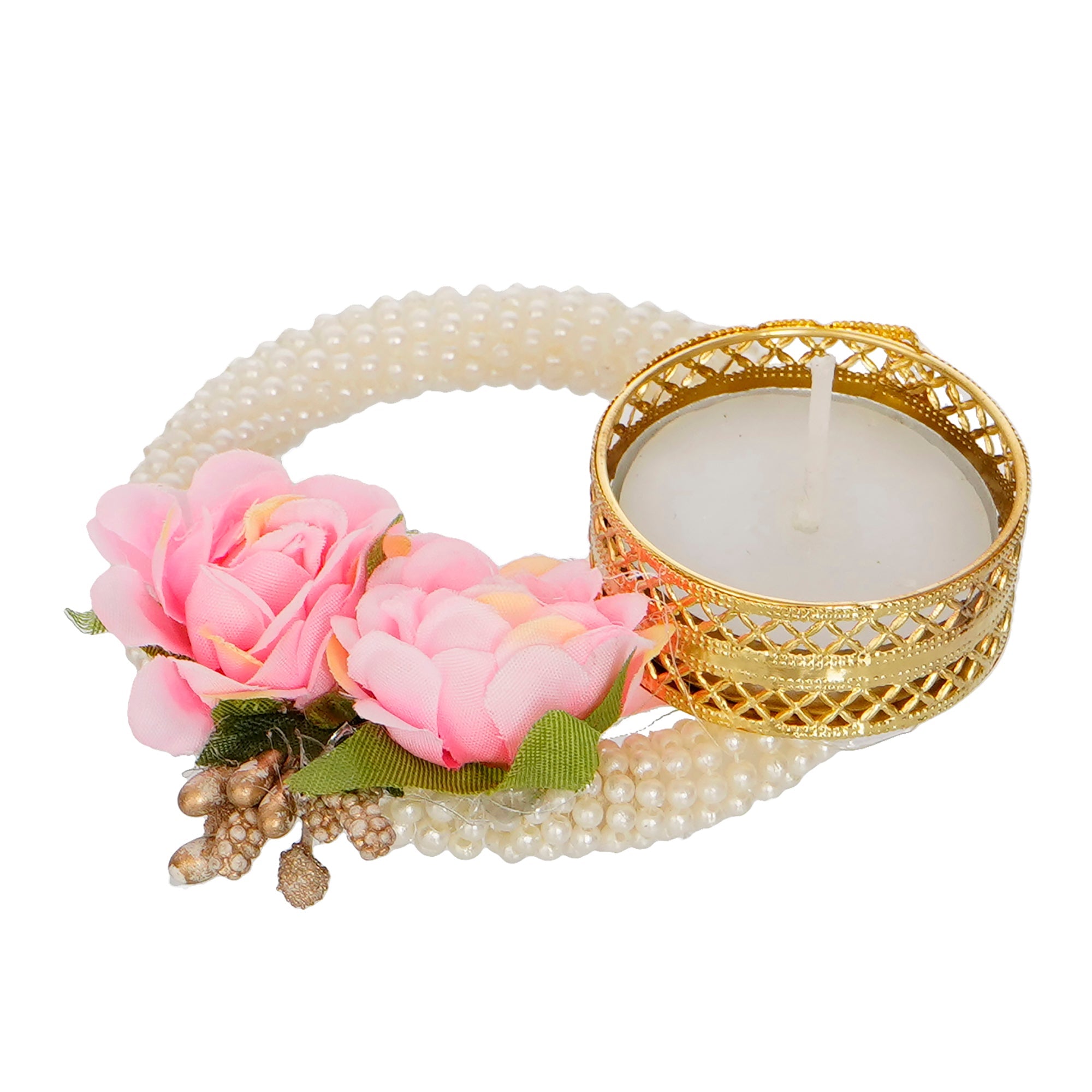 Decorative Handcrafted Pink Floral Tea Light Holder on Pearl Bangle Kafalo