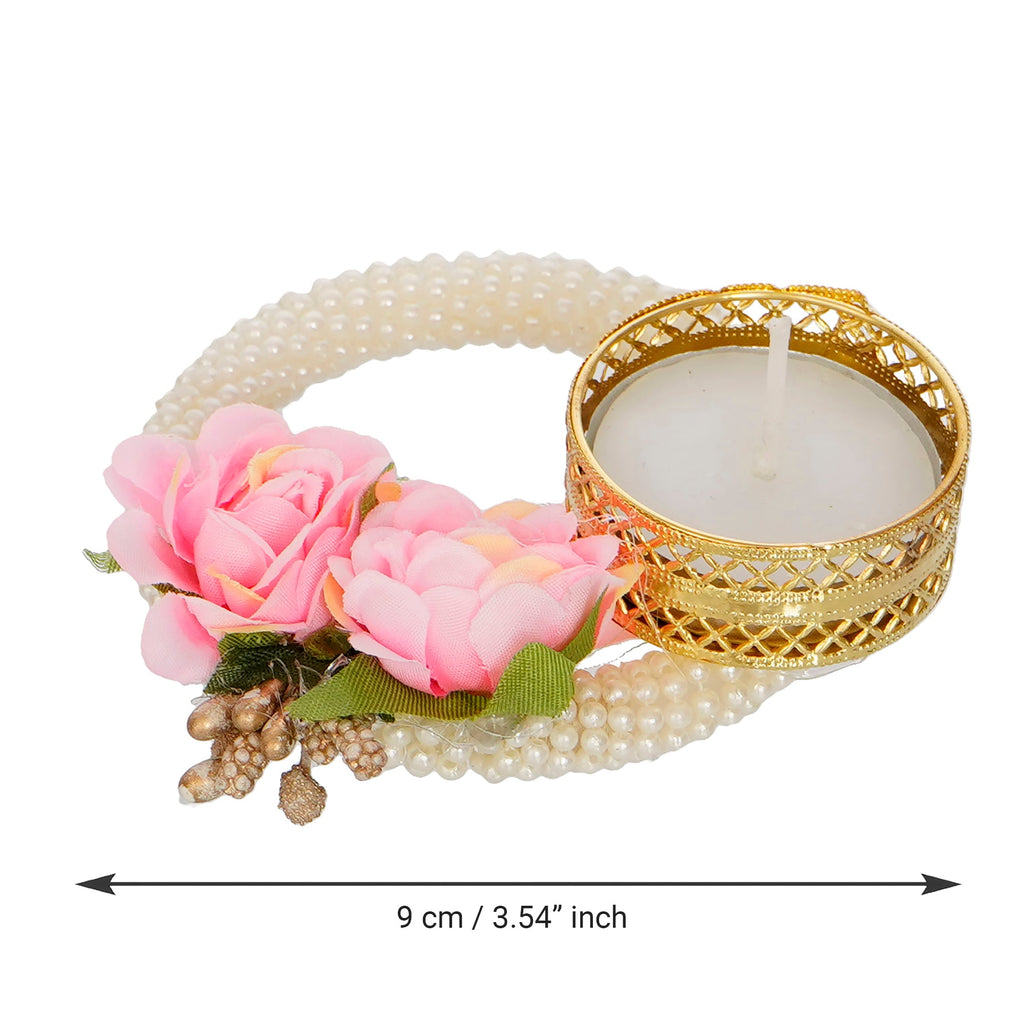 Decorative Handcrafted Pink Floral Tea Light Holder on Pearl Bangle Kafalo
