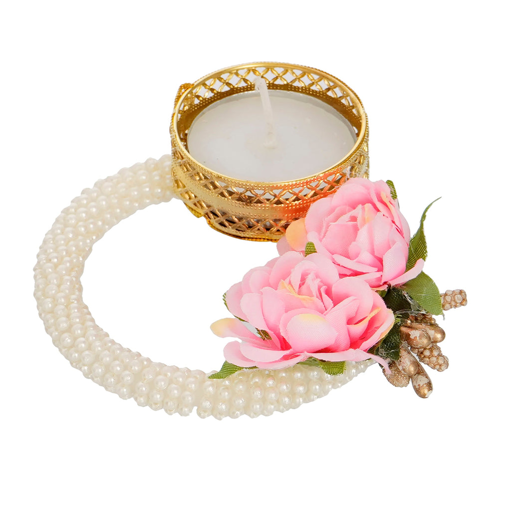 Decorative Handcrafted Pink Floral Tea Light Holder on Pearl Bangle Kafalo