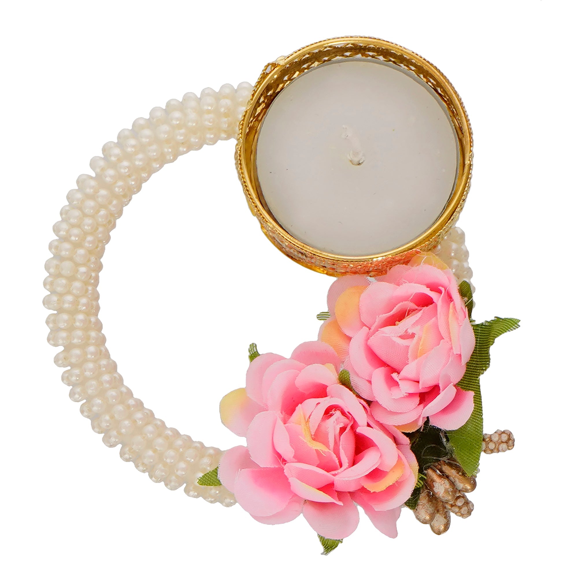 Decorative Handcrafted Pink Floral Tea Light Holder on Pearl Bangle Kafalo