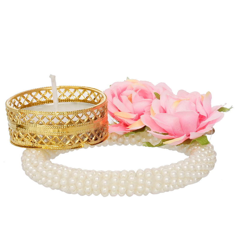 Decorative Handcrafted Pink Floral Tea Light Holder on Pearl Bangle Kafalo