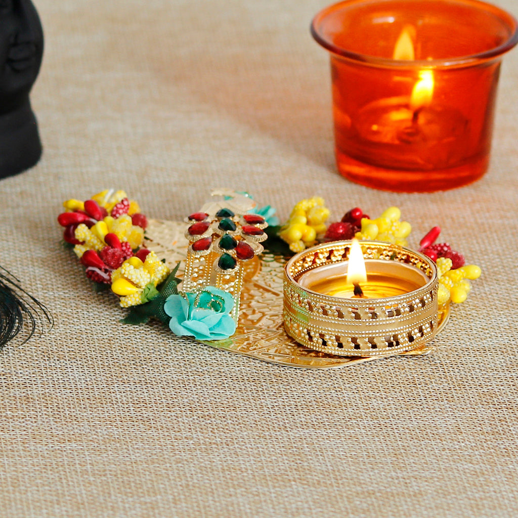 Decorative Handcrafted Yellow and Red Floral Leaf Shape Tea Light Holder Kafalo