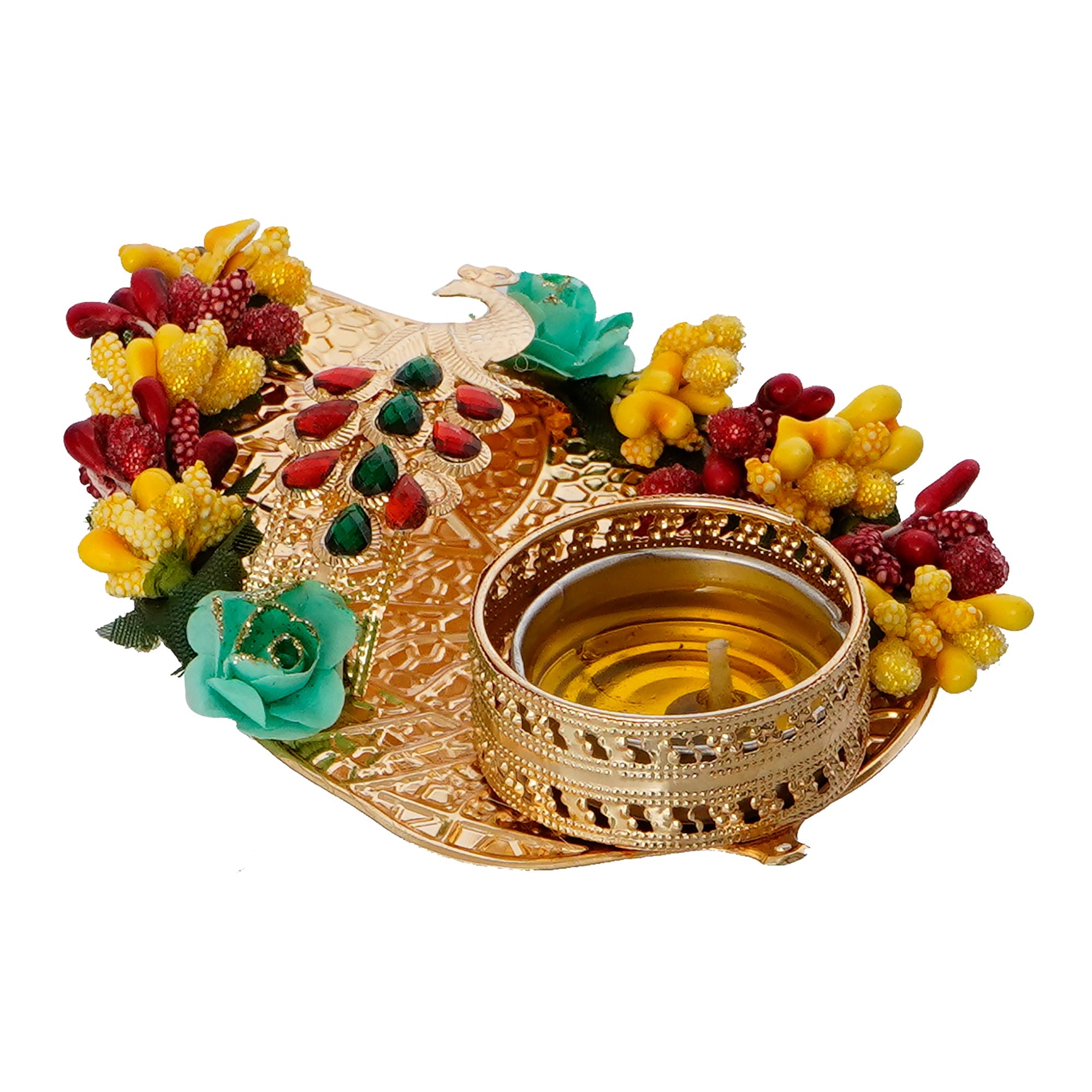 Decorative Handcrafted Yellow and Red Floral Leaf Shape Tea Light Holder Kafalo