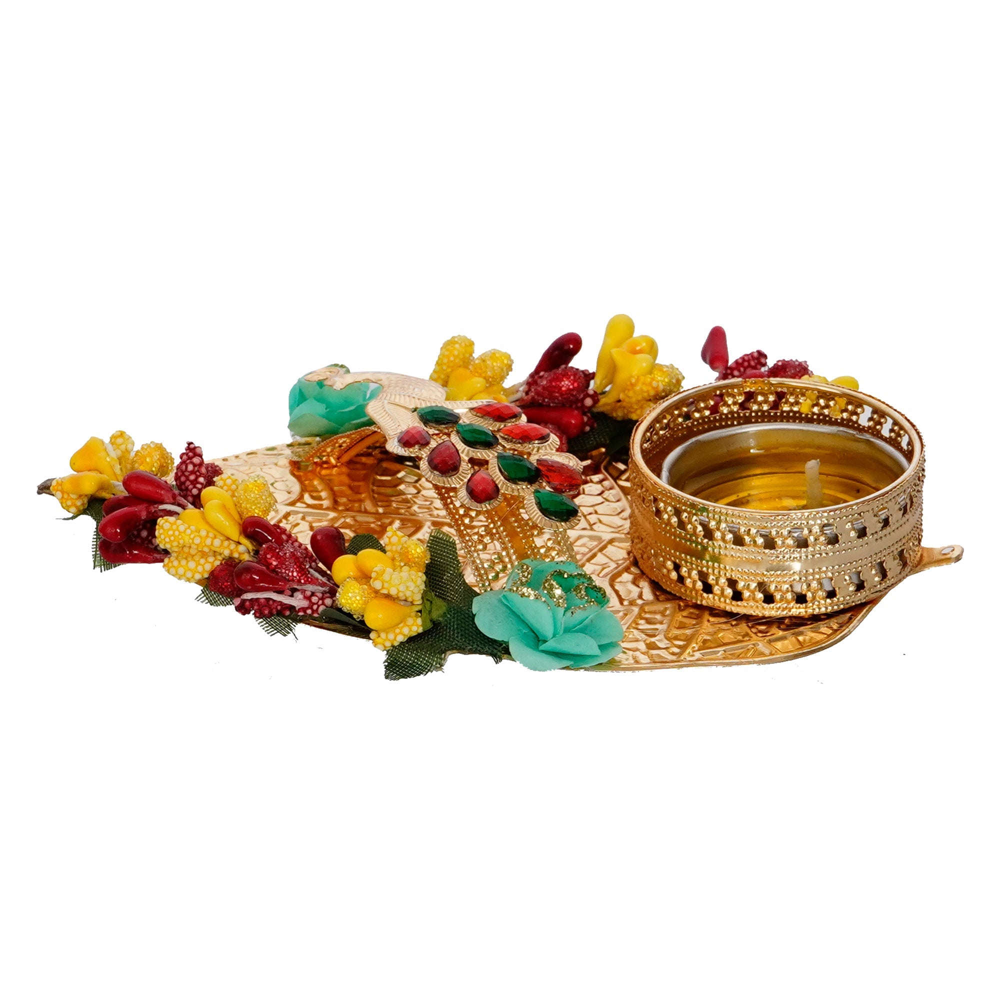 Decorative Handcrafted Yellow and Red Floral Leaf Shape Tea Light Holder Kafalo