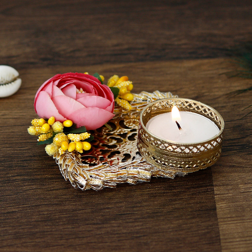 Decorative Handcrafted Pink and Yellow Floral Tea Light Holder Kafalo