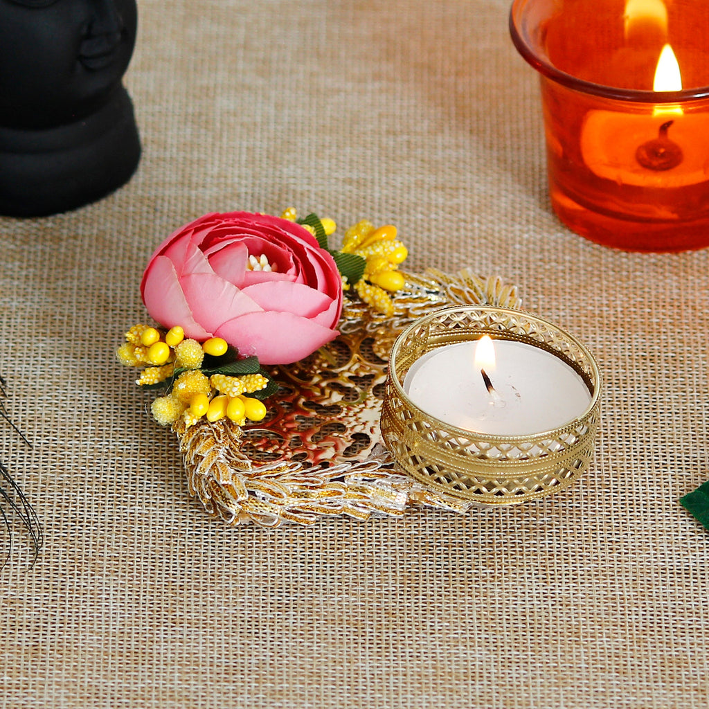 Decorative Handcrafted Pink and Yellow Floral Tea Light Holder Kafalo