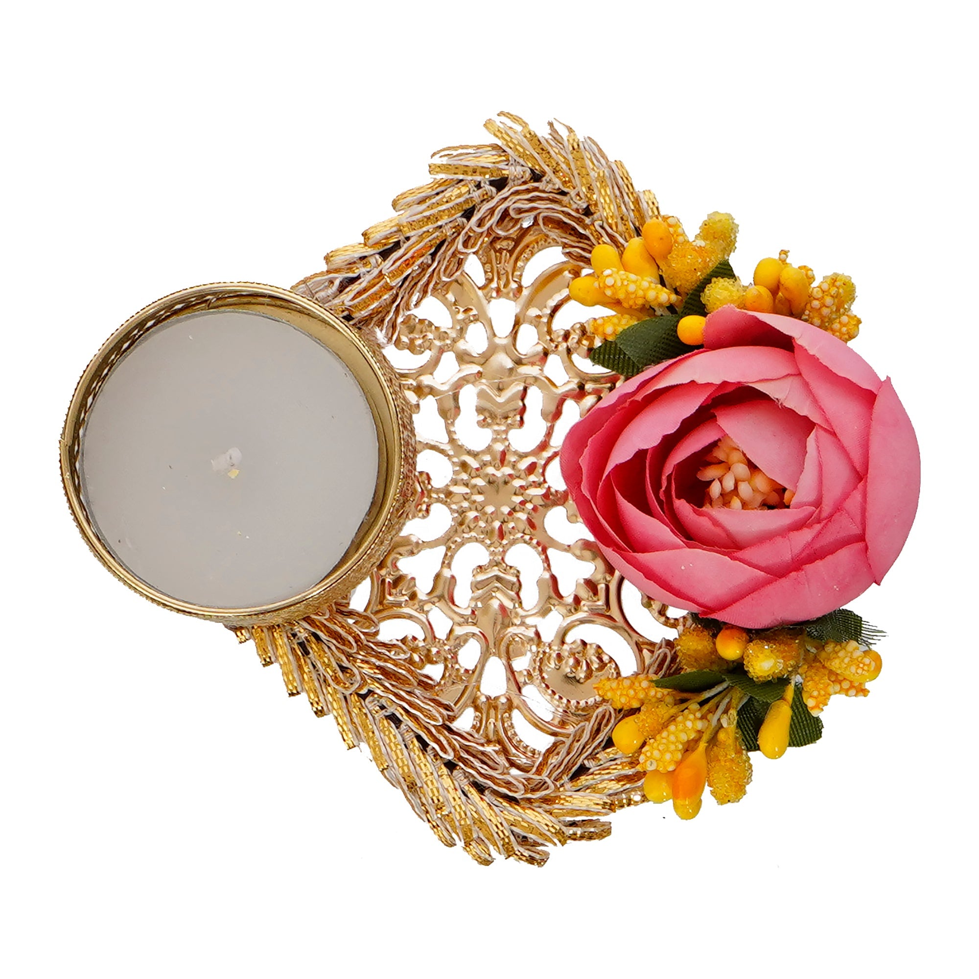 Decorative Handcrafted Pink and Yellow Floral Tea Light Holder Kafalo