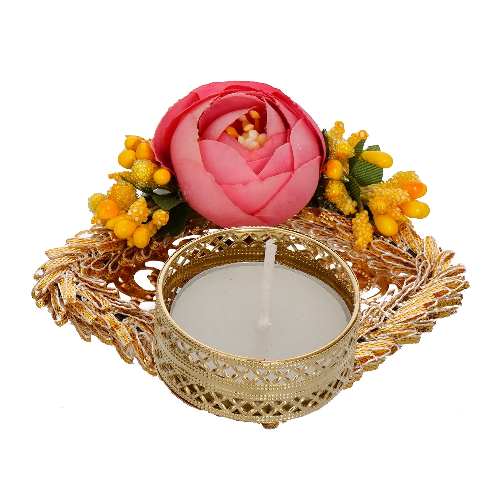 Decorative Handcrafted Pink and Yellow Floral Tea Light Holder Kafalo