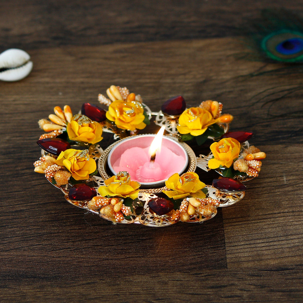 Decorative Handcrafted Yellow and Red Floral Tea Light Holder Kafalo