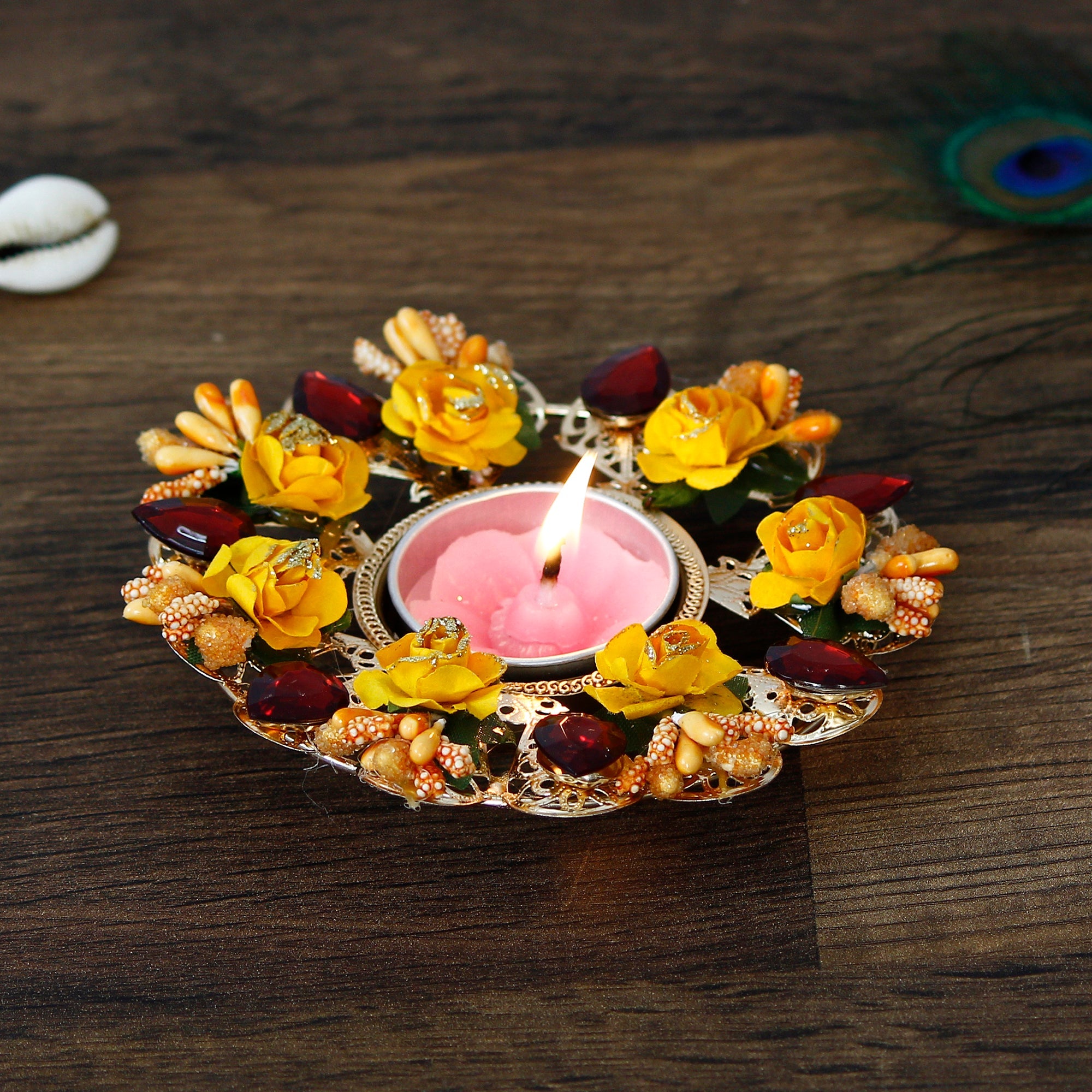 Decorative Handcrafted Yellow and Red Floral Tea Light Holder Kafalo