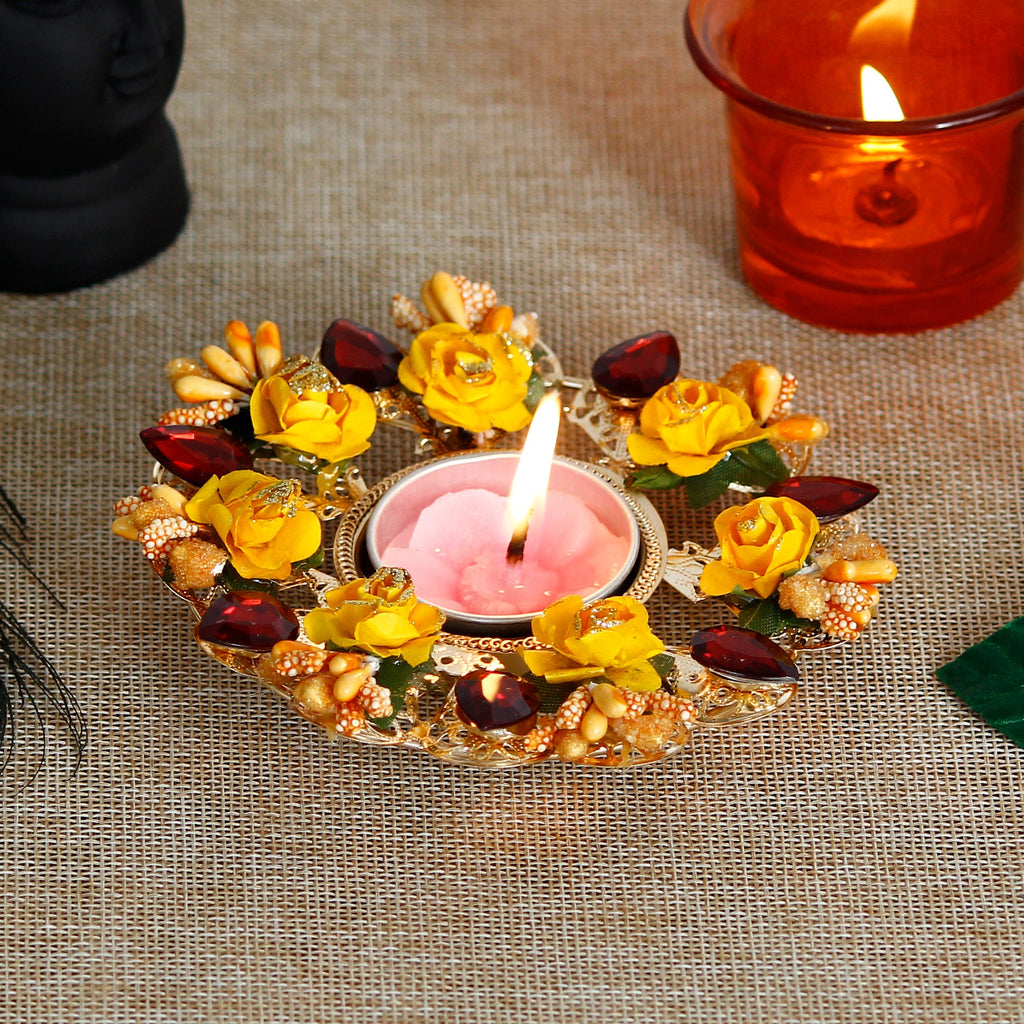 Decorative Handcrafted Yellow and Red Floral Tea Light Holder Kafalo