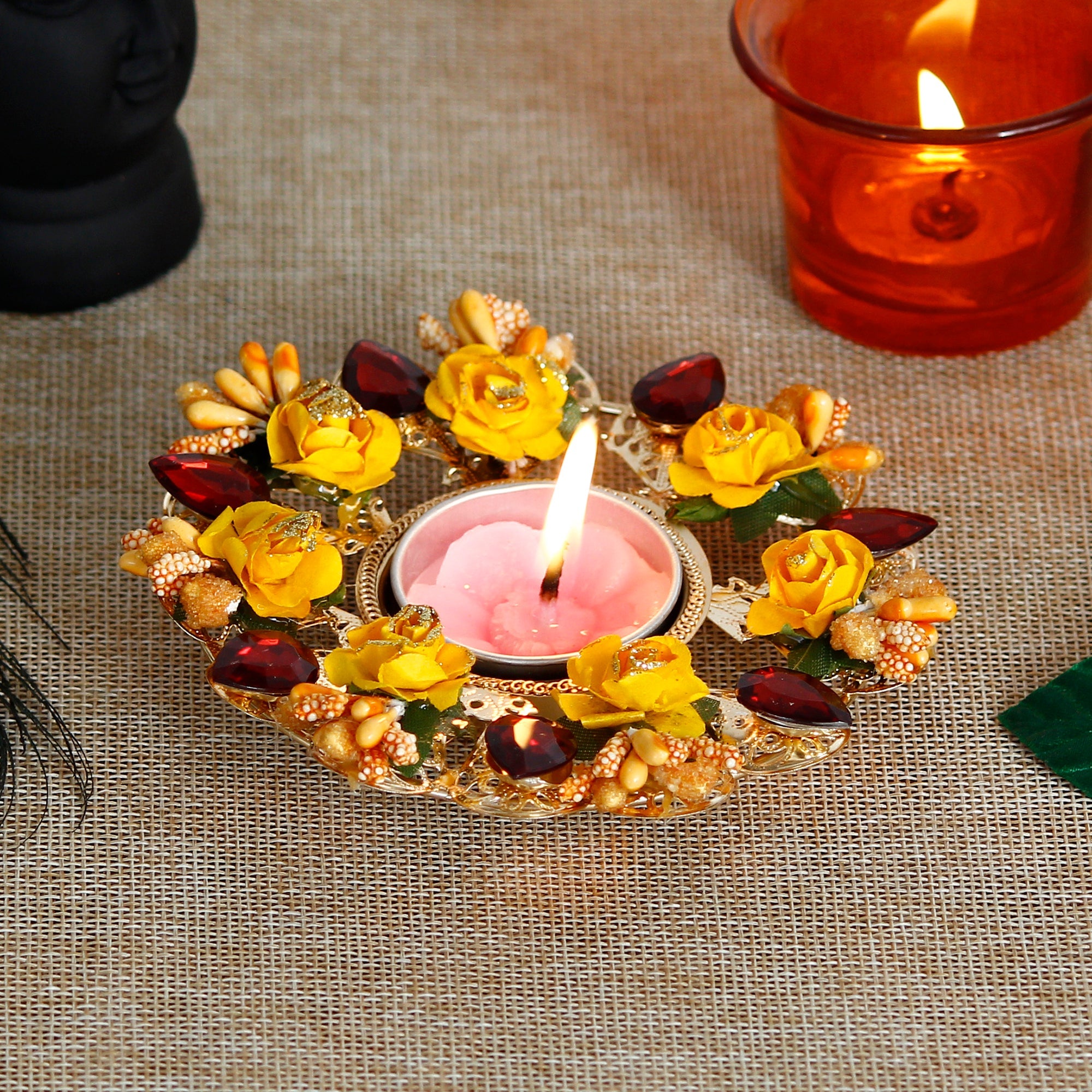 Decorative Handcrafted Yellow and Red Floral Tea Light Holder Kafalo