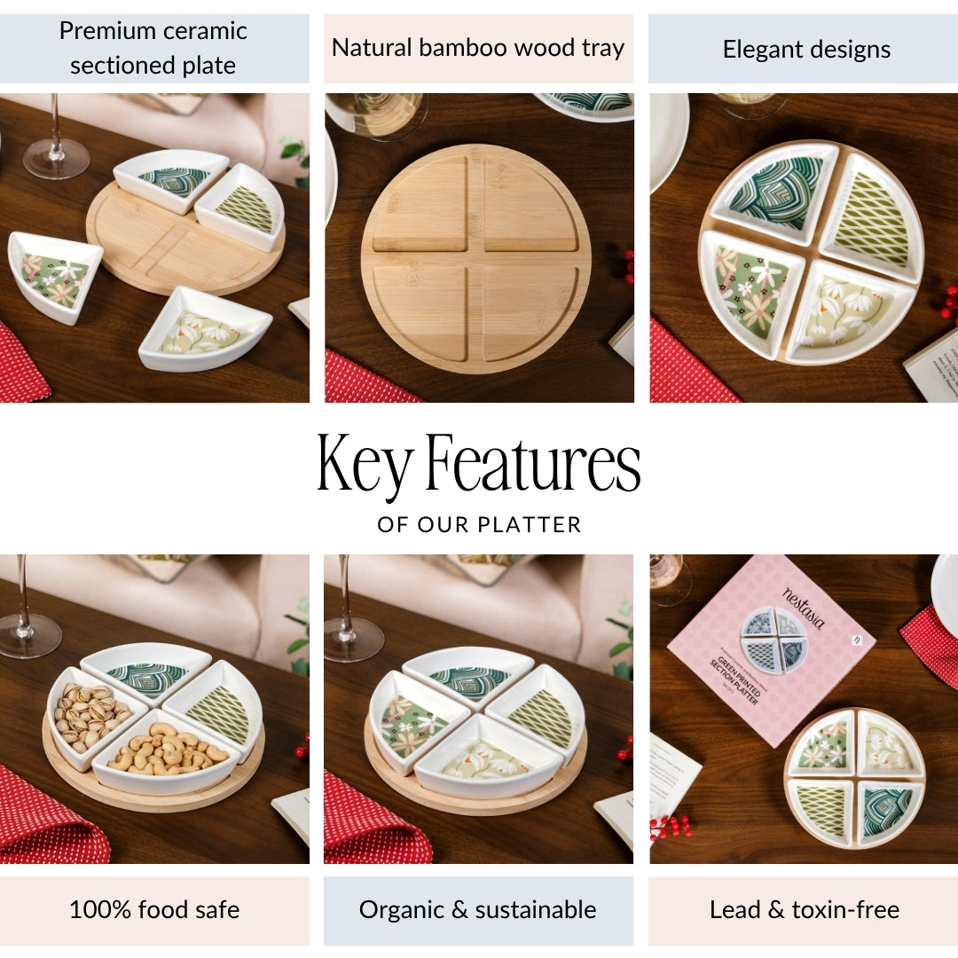 Sage Scape Sectioned Platter With Wooden Tray Set Of 5 Nestasia