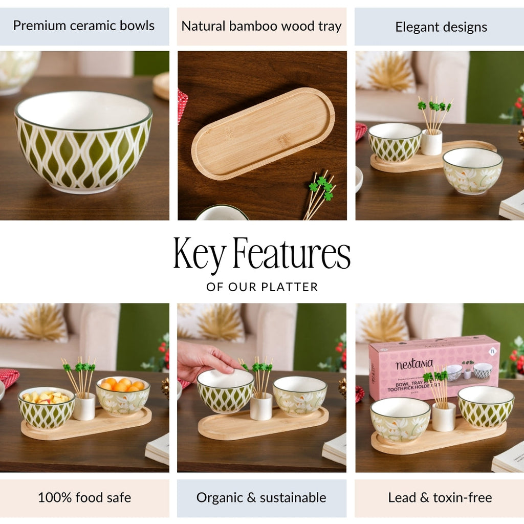 Sage Scape Bowl Tray And Toothpick Holder Set Of 5 Nestasia