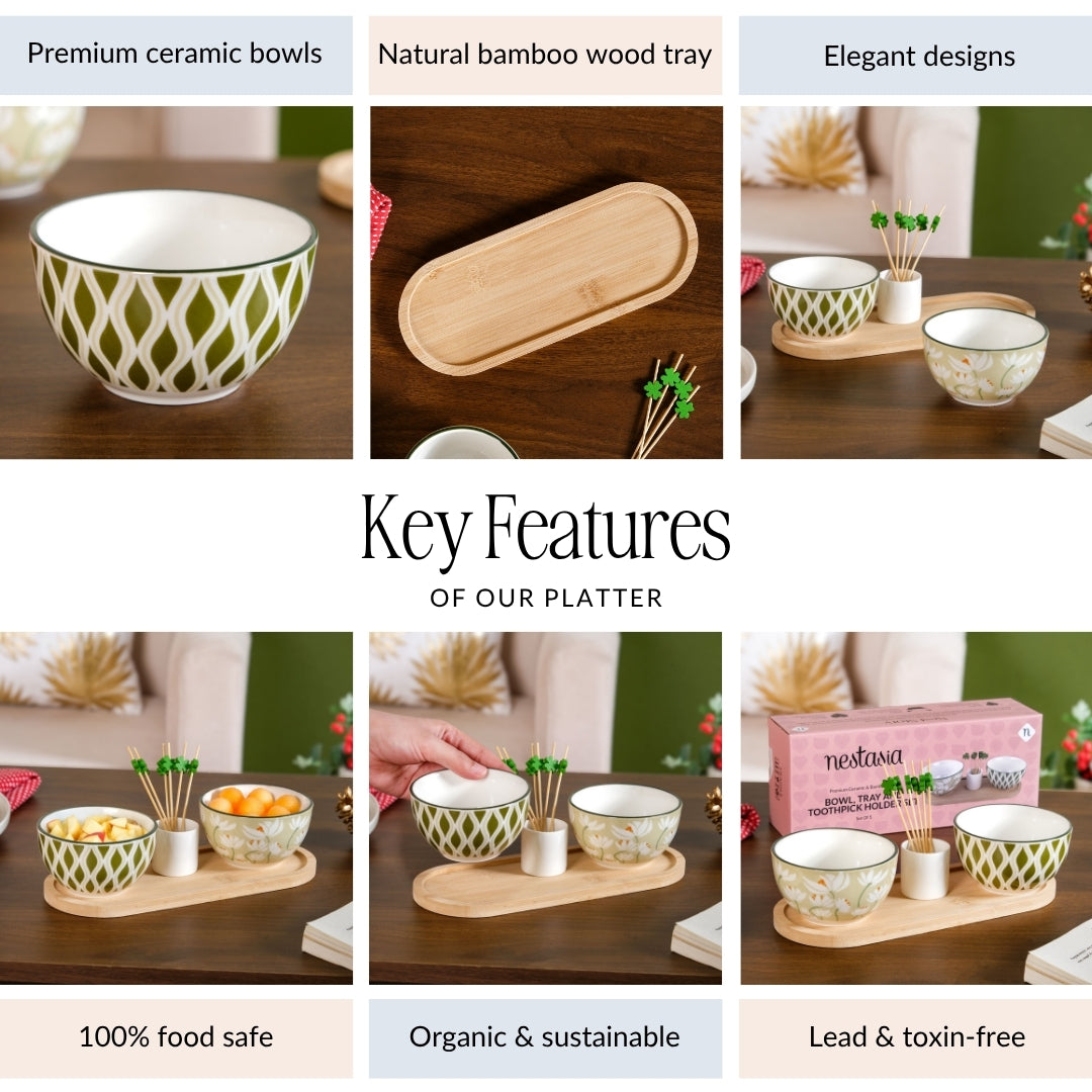 Sage Scape Bowl Tray And Toothpick Holder Set Of 5 Nestasia