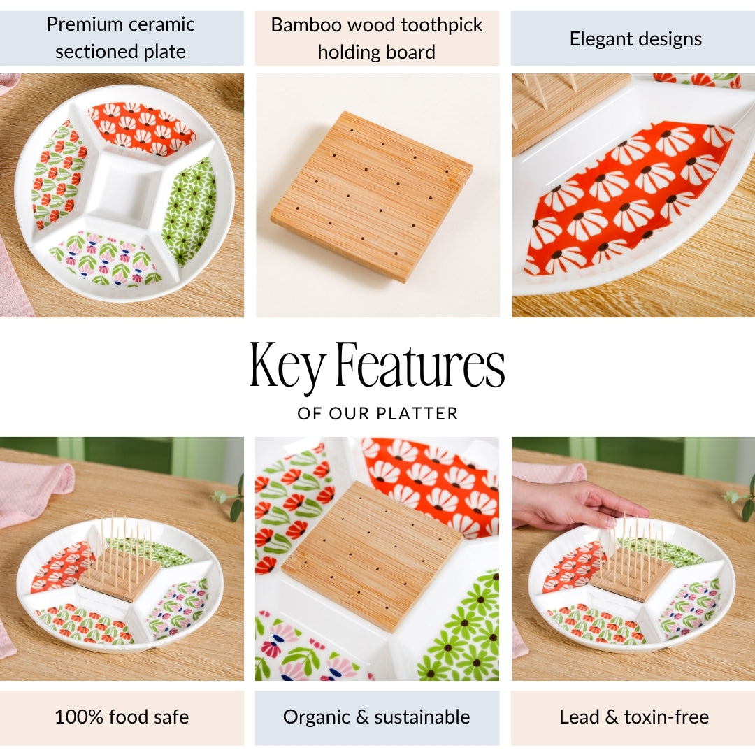 Flower Power Ceramic Section Plate With Toothpick Set 23cm Nestasia