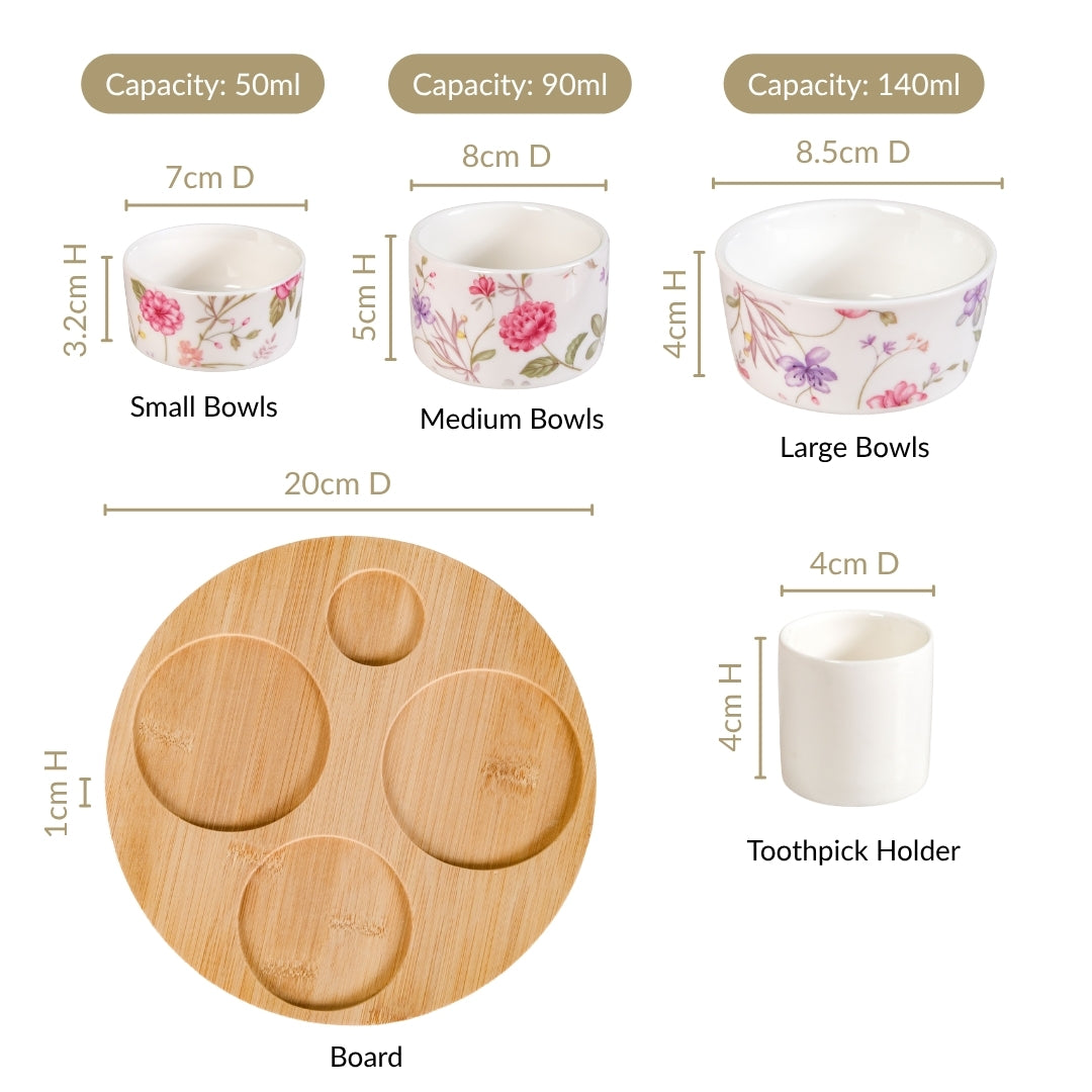 Soft Girl Floral Print Bowls With Tray And Toothpick Holder Set Of 6 Nestasia