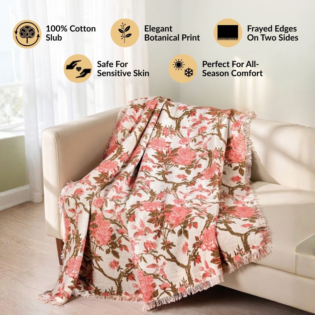 Blush Chinoiserie Cotton Throw 152x127cm Nestasia