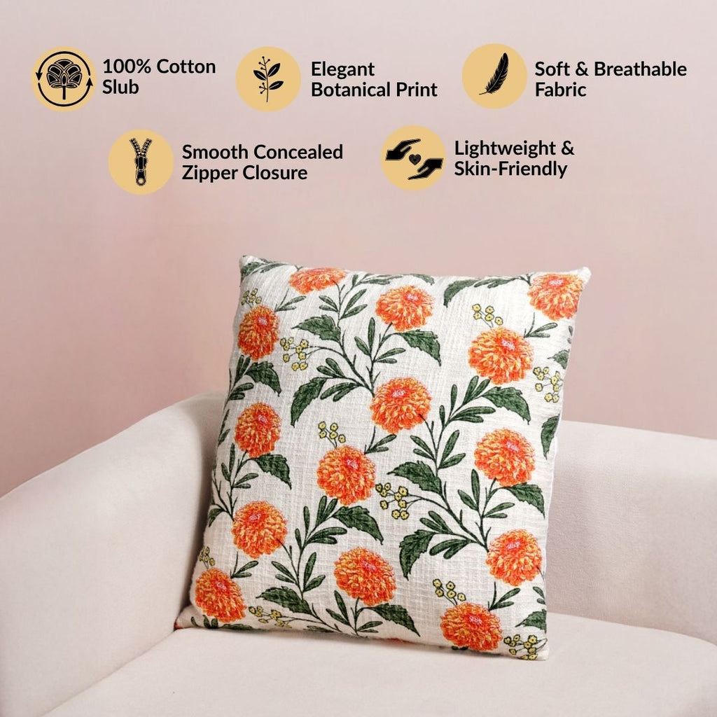 Marigold Bloom Embroidered Cotton Cushion Cover 45x45cm Nestasia