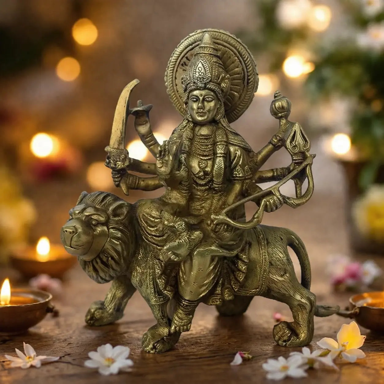 Brass Durga Ji Statue – Handcrafted Hindu Goddess Idol for Home Temple - Handmade Brass Durga Ji Idol