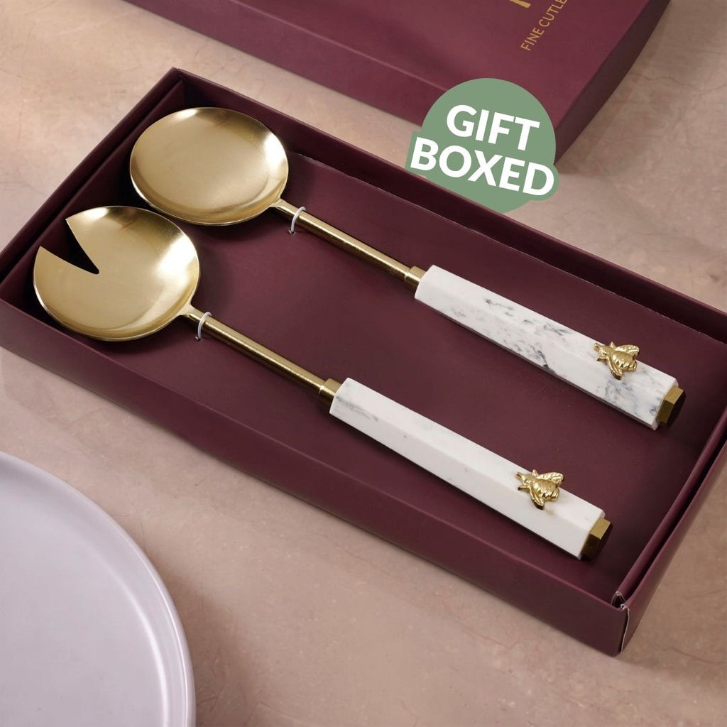 Marble Gold Honeybee Serving Spoon Set Of 2 Nestasia