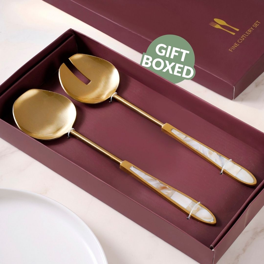 Mother Of Pearl Minimal Matte Gold Serving Set Of 2 Nestasia