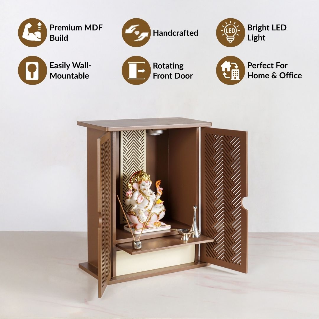 Blessed Pooja Mandir For Home Office With LED Light 36x19x44cm Brown Nestasia