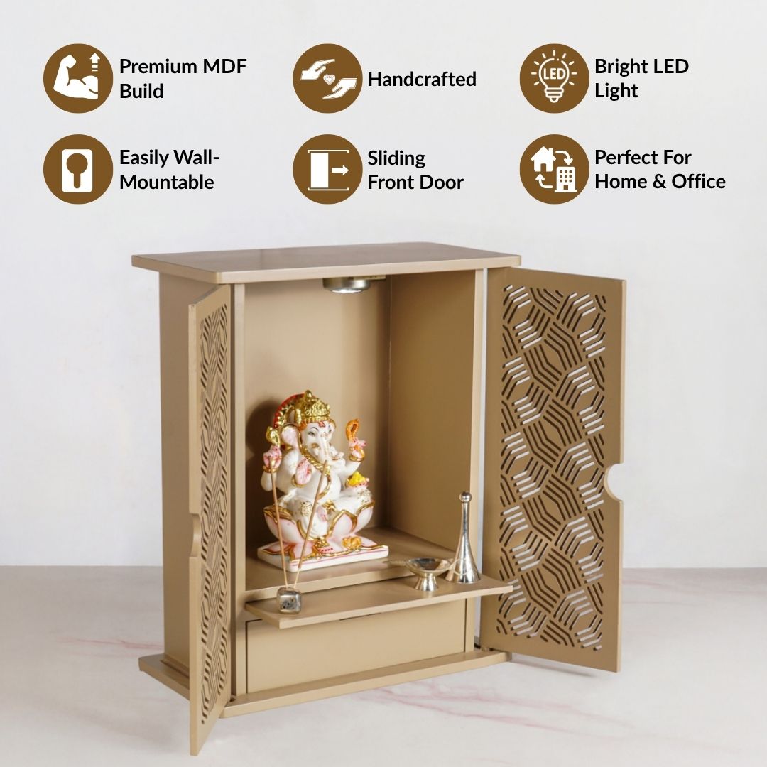 Pooja Mandir For Home And Office With LED Light Beige 36x19x44cm Nestasia