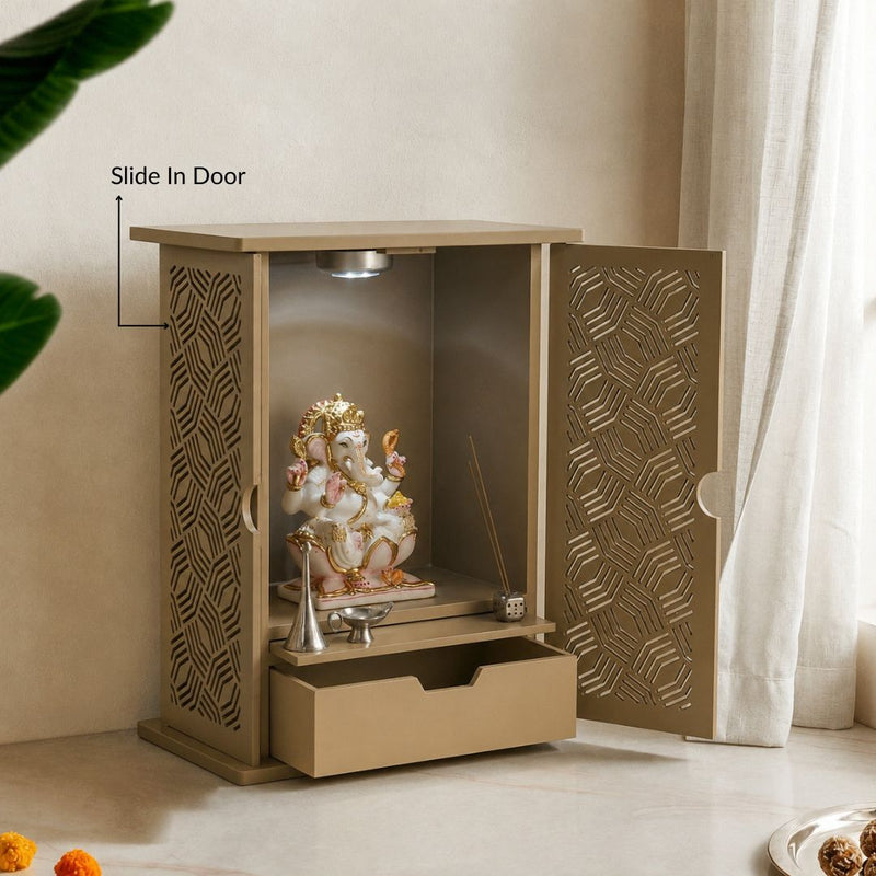Pooja Mandir For Home And Office With LED Light Beige 36x19x44cm Nestasia