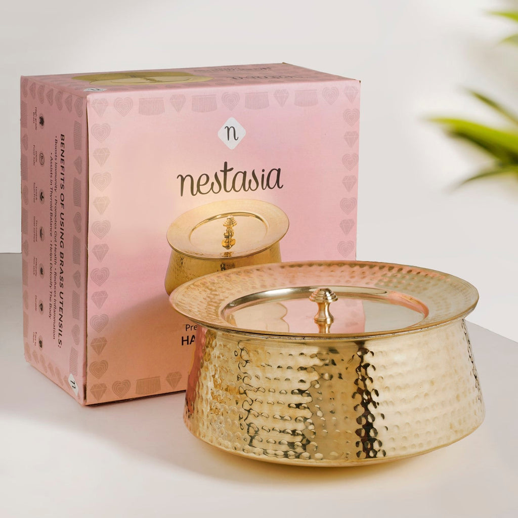 Hammered Pure Brass Biriyani Handi Lagan With Lid 4000ml Nestasia