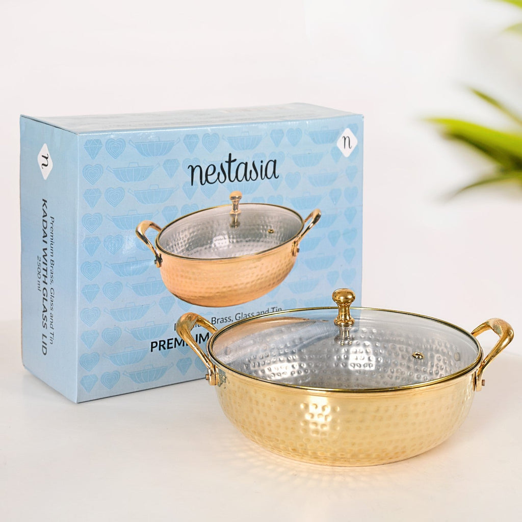 Hammered Pure Brass Kadhai With Glass Lid 4000ml Nestasia