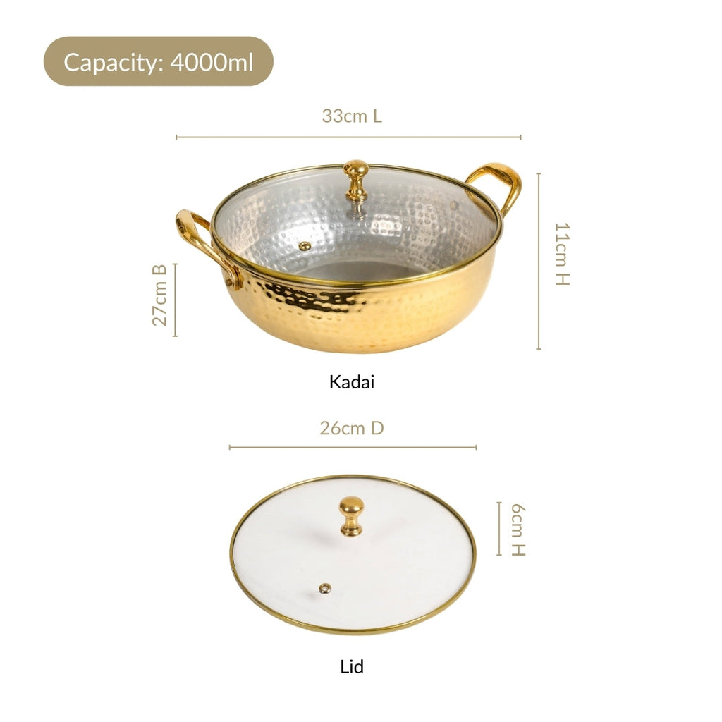 Hammered Pure Brass Kadhai With Glass Lid 4000ml Nestasia