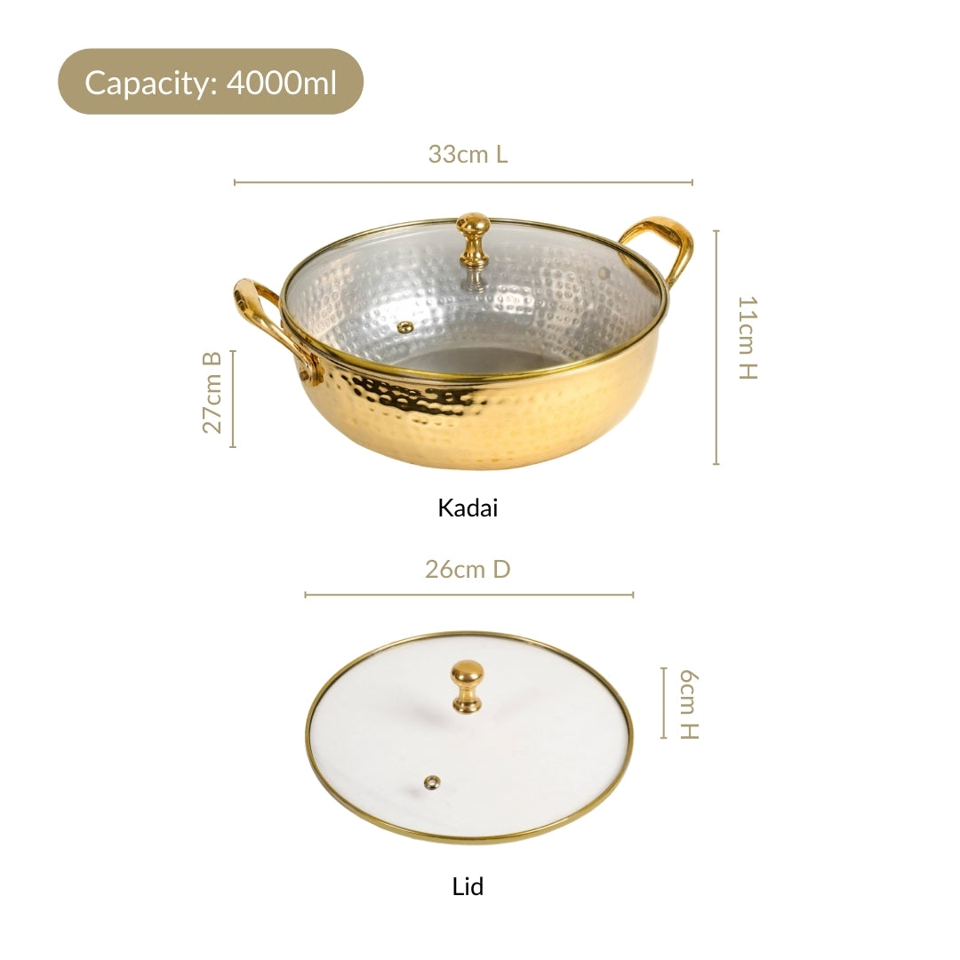 Hammered Pure Brass Kadhai With Glass Lid 4000ml Nestasia
