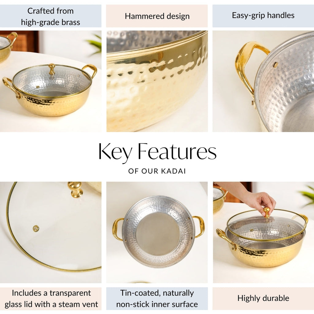 Hammered Pure Brass Kadhai With Glass Lid 4000ml Nestasia
