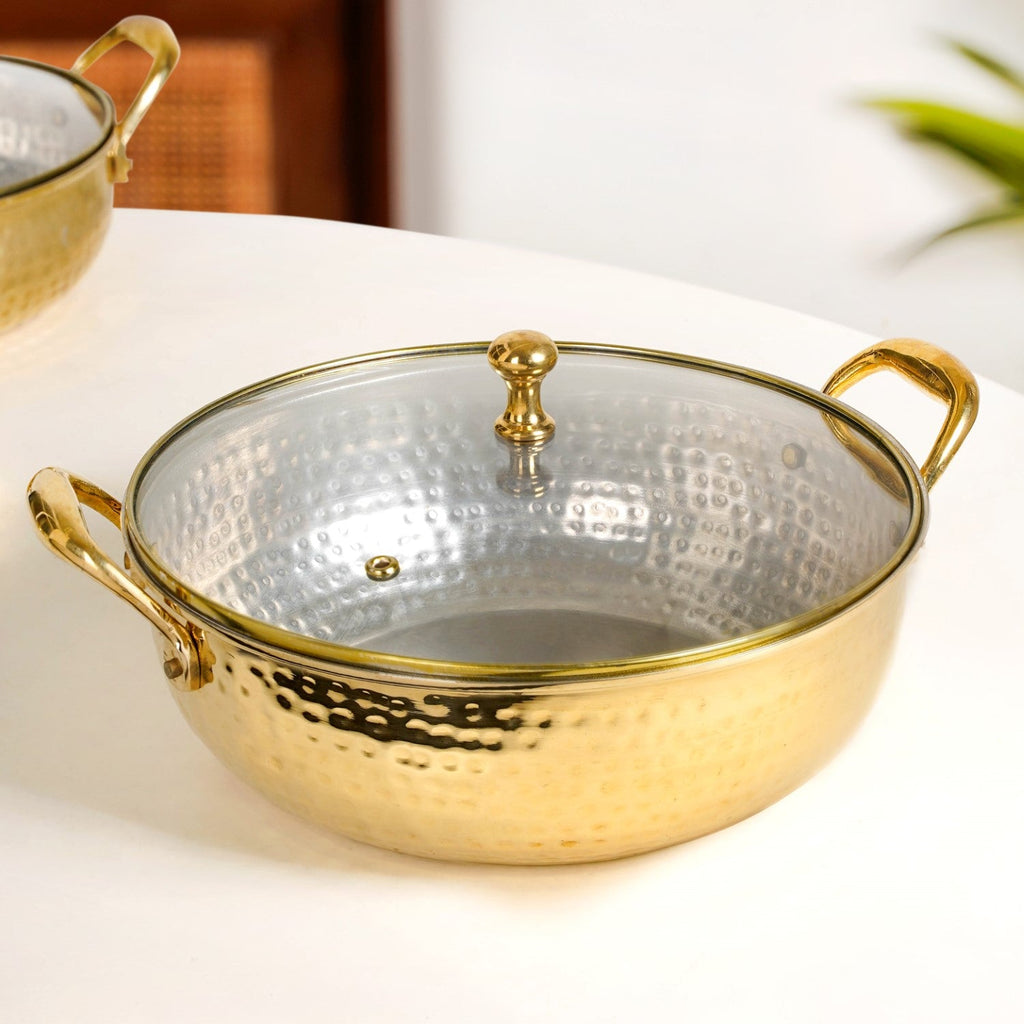 Hammered Pure Brass Kadhai With Glass Lid 4000ml Nestasia