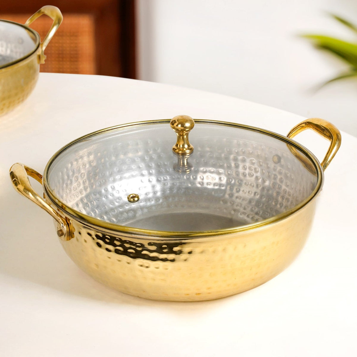 Hammered Pure Brass Kadhai With Glass Lid 4000ml Nestasia