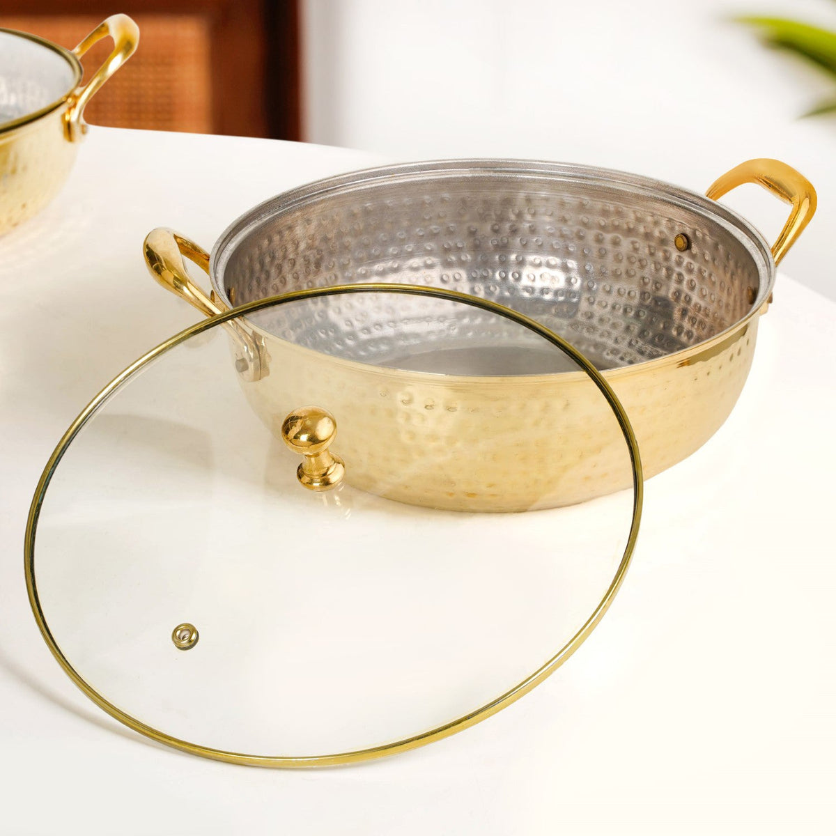 Hammered Pure Brass Kadhai With Glass Lid 4000ml Nestasia