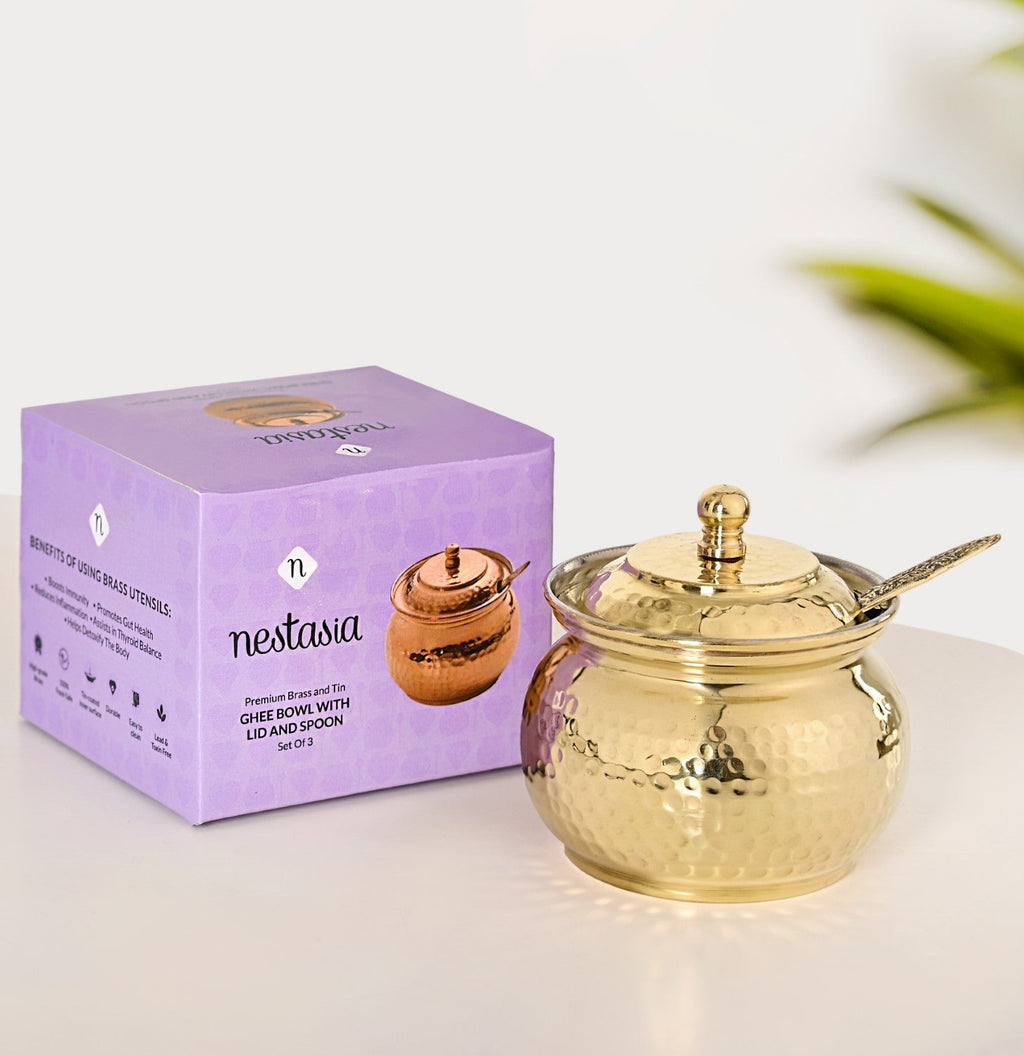 Hammered Pure Brass Ghee Pot With Spoon 400ml Nestasia