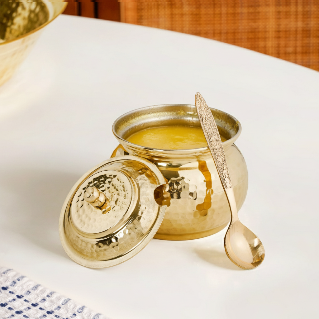 Hammered Pure Brass Ghee Pot With Spoon 400ml Nestasia