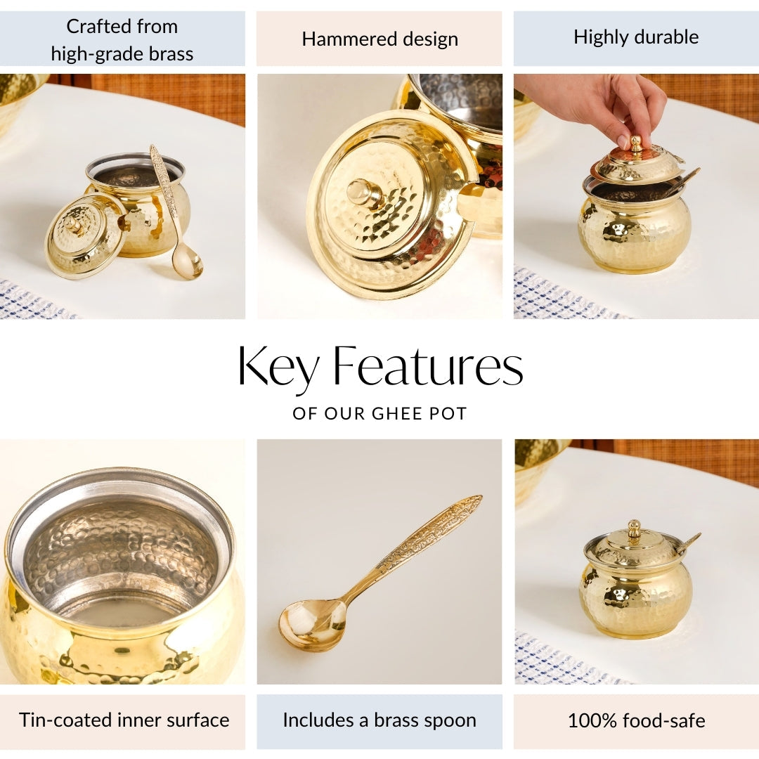 Hammered Pure Brass Ghee Pot With Spoon 400ml Nestasia