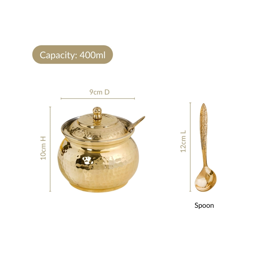 Hammered Pure Brass Ghee Pot With Spoon 400ml Nestasia