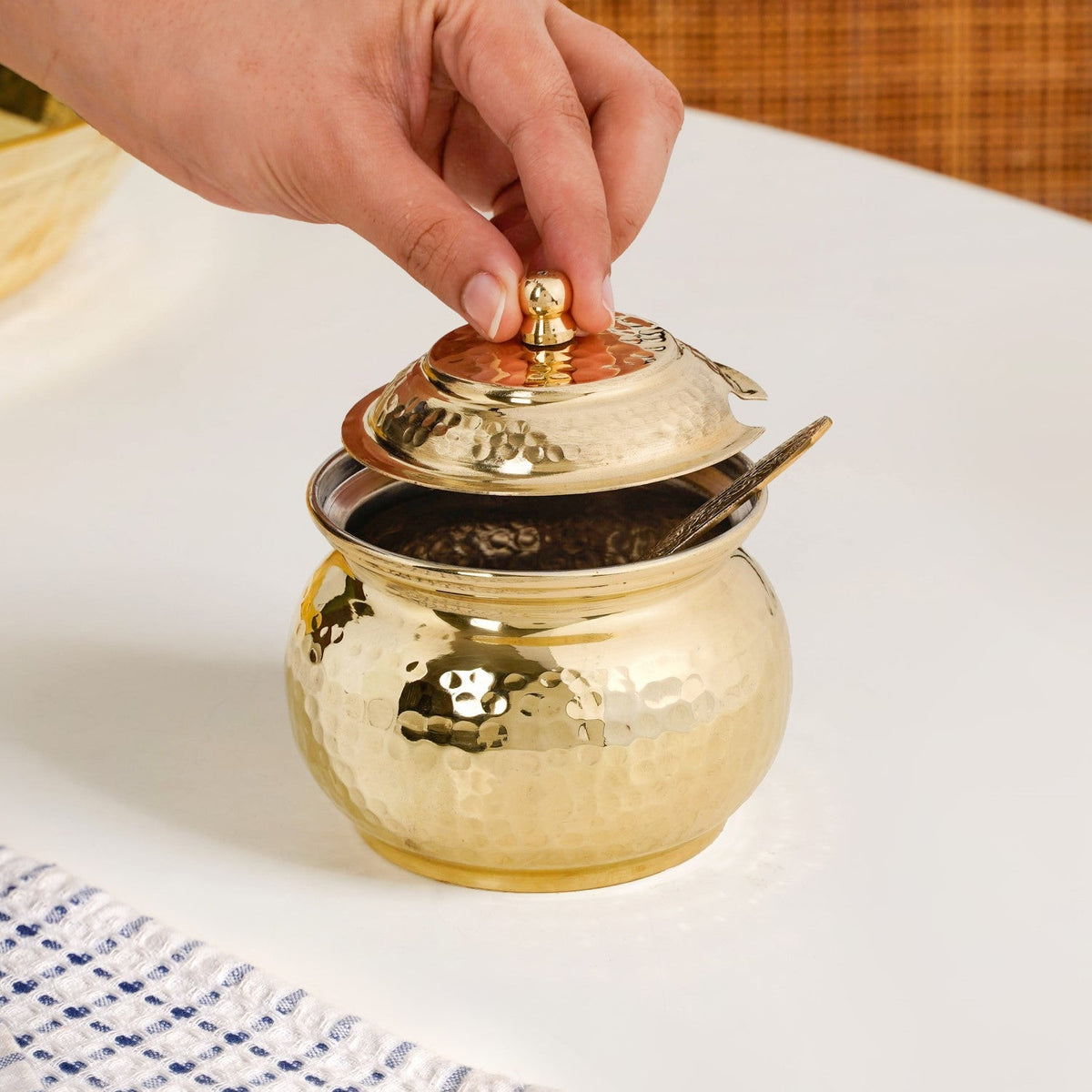 Hammered Pure Brass Ghee Pot With Spoon 400ml Nestasia