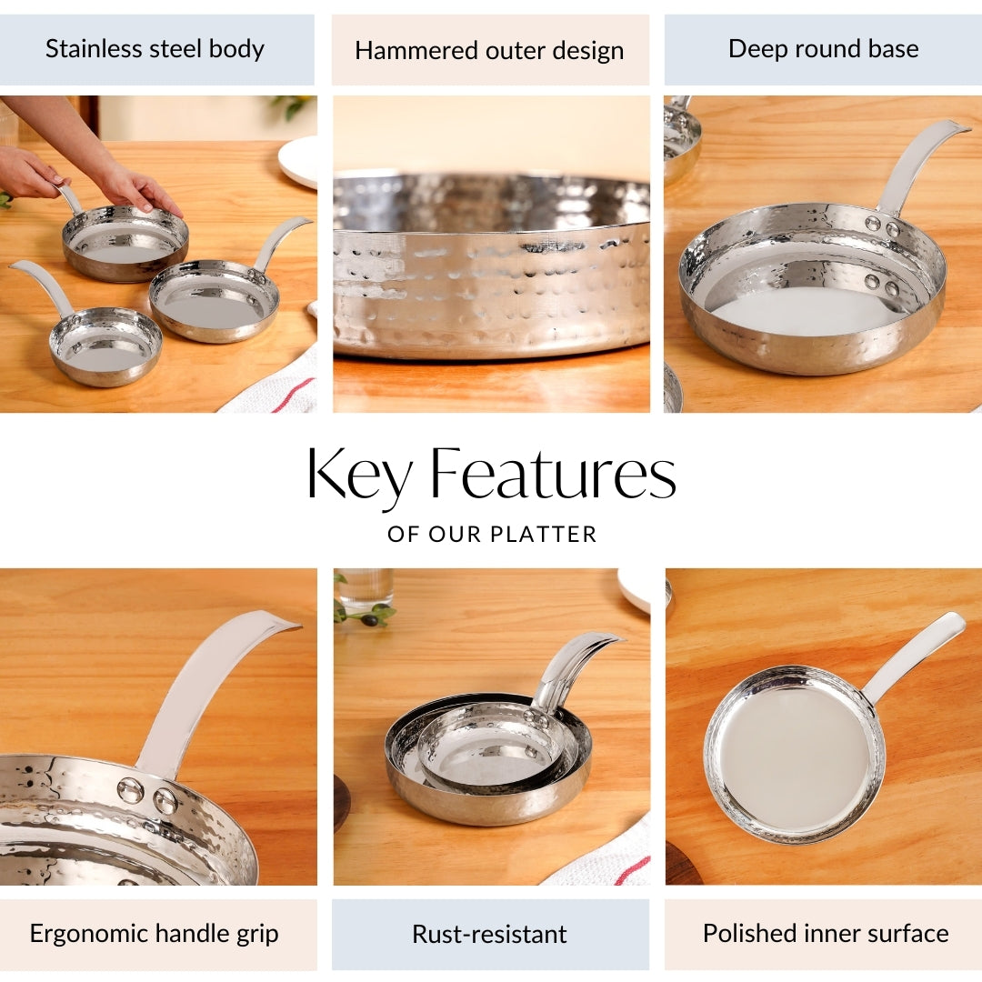 Hammered Stainless Steel Serving Pan With Handle Set Of 3 Nestasia