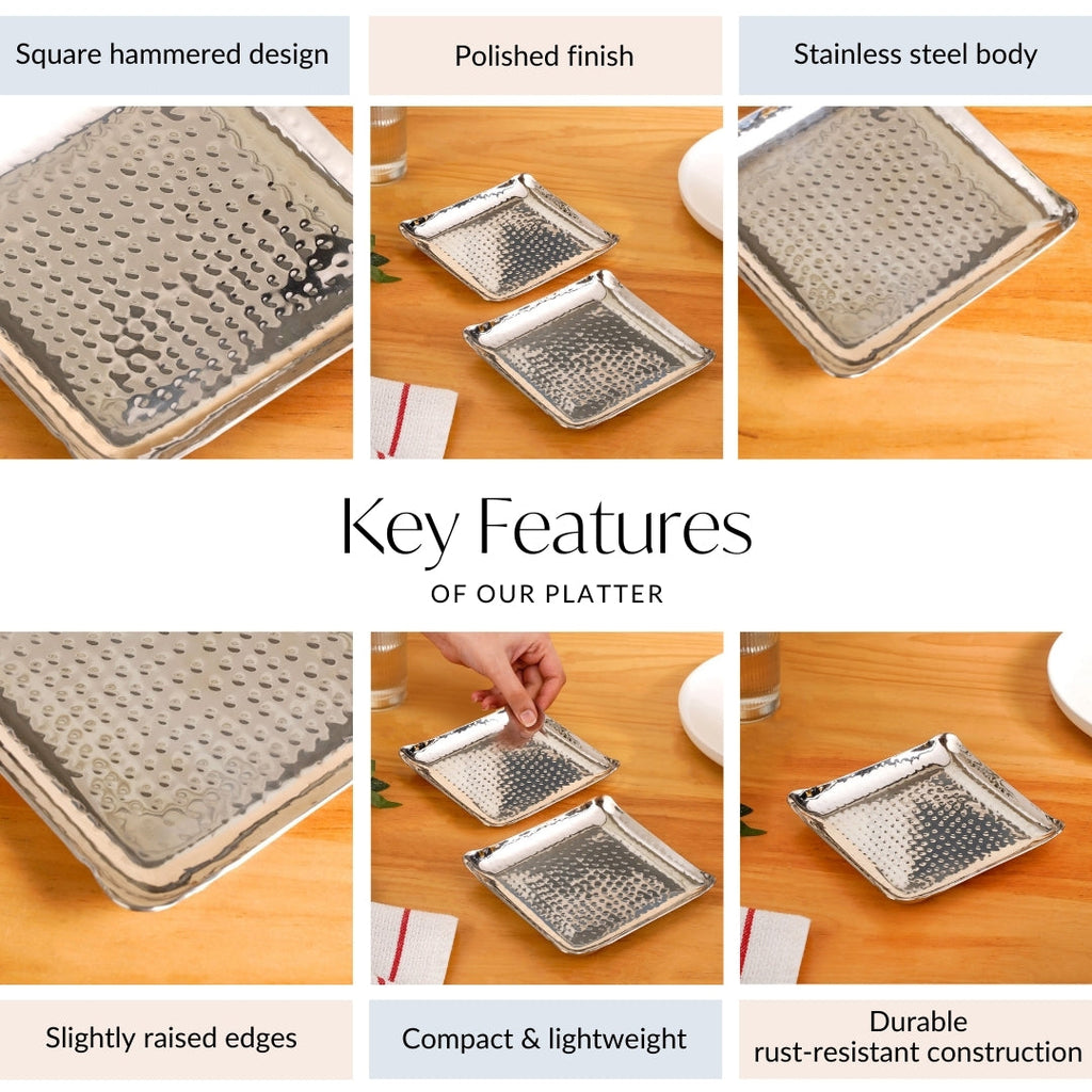 Square Platter Hammered Stainless Steel Set Of 2 Nestasia